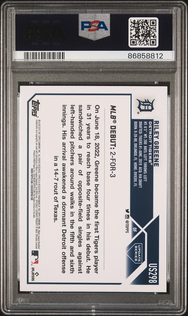 2023 Topps Update Us298 Riley Greene Rainbow Foil PSA 10