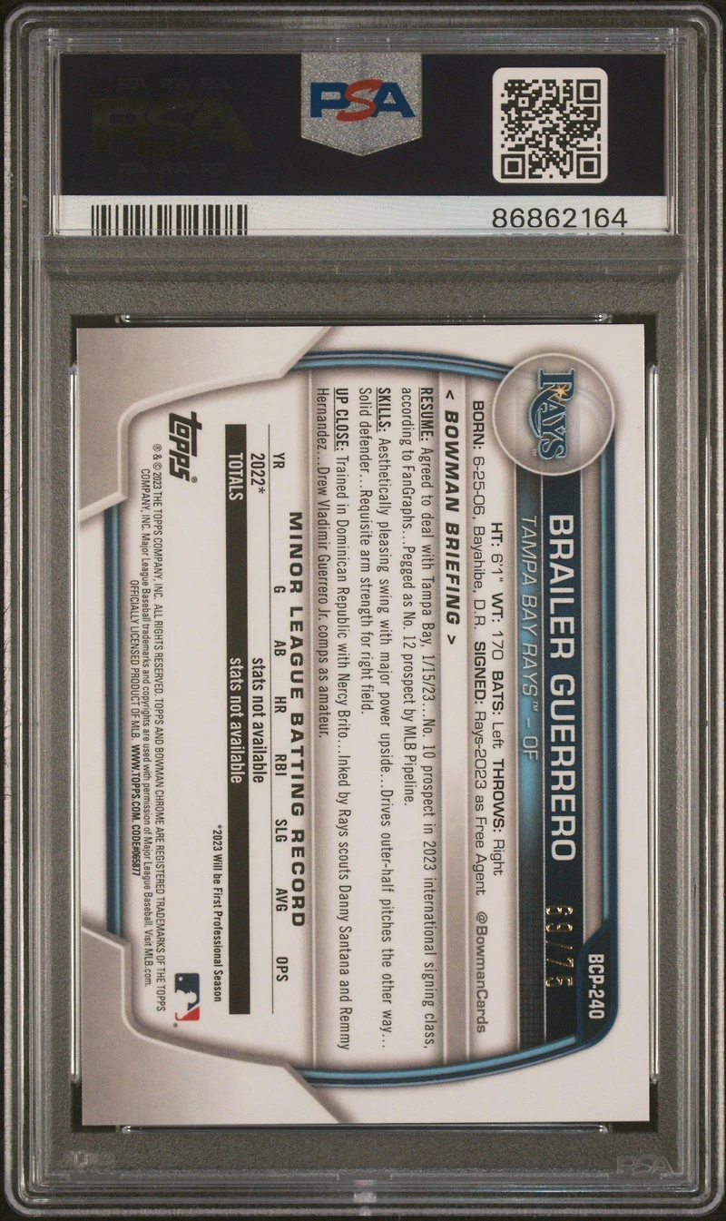 2023 Bowman Chrome Prospects Bcp240 Brailer Guerrero Yellow/orange Vapor Refractor PSA 10