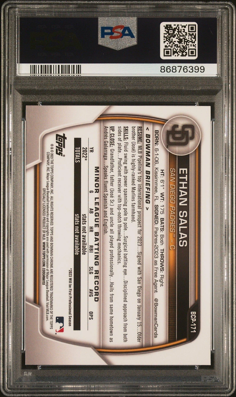 2023 Bowman Chrome Sapphire Edition Prospects 171 Ethan Salas PSA 10