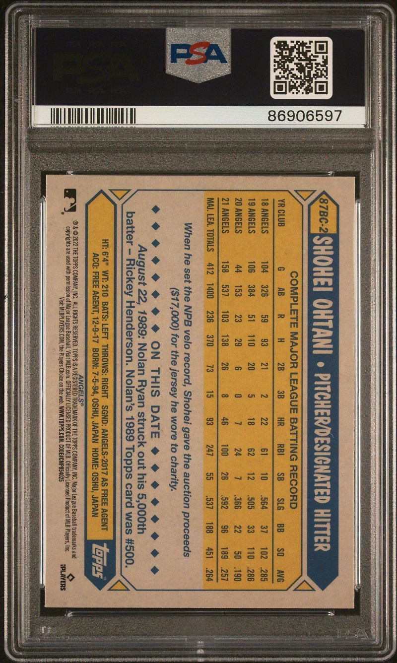 2022 Topps Chrome 1987 Topps Baseball 87bc2 Shohei Ohtani PSA 10