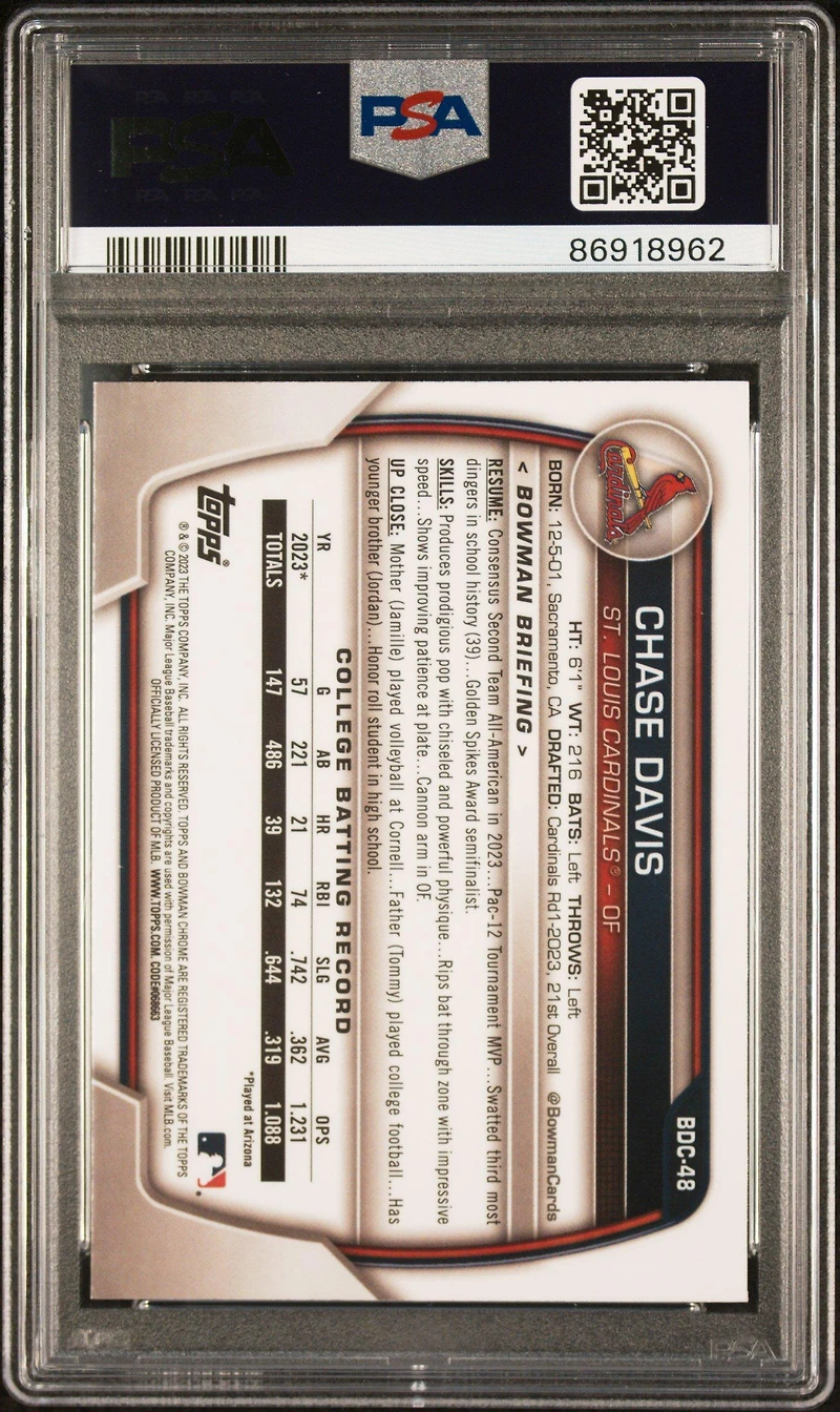 2023 Bowman Draft Bdc48 Chase Davis Chrome-yellow Lunar Crater PSA 10