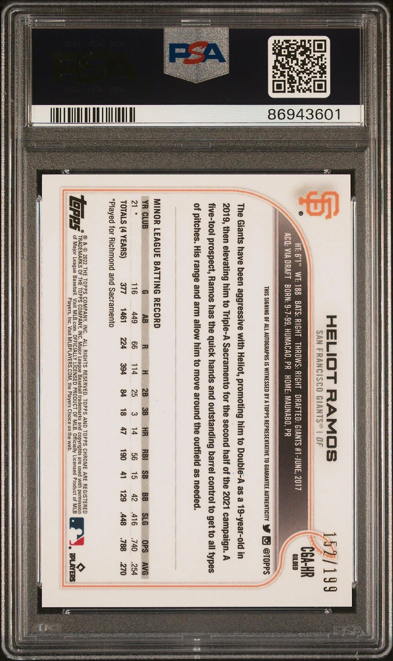 2022 Topps Gilded Collection Topps Chrome Cast In Gold Autographs Cgahr Heliot Ramos PSA 10