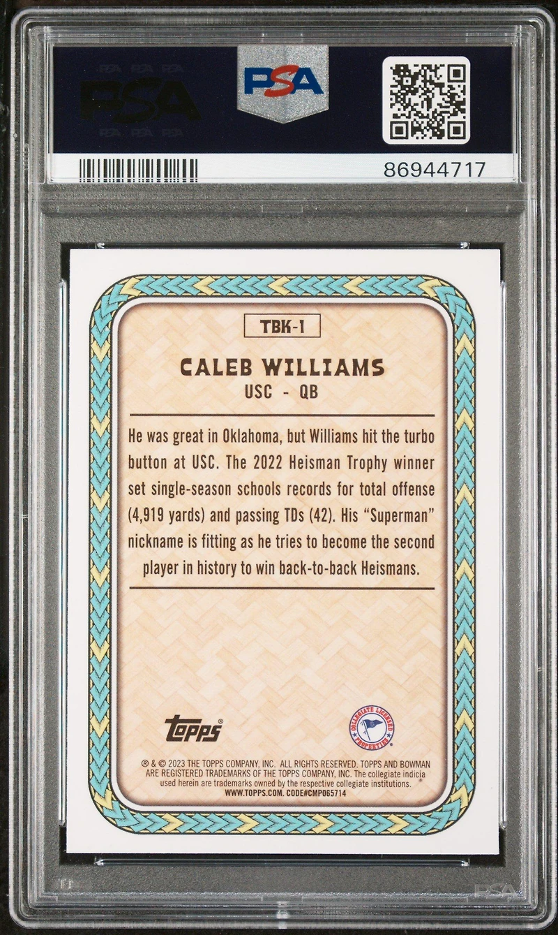 2023 Bowman University Chrome The Big Kahuna Tbk1 Caleb Williams PSA 10