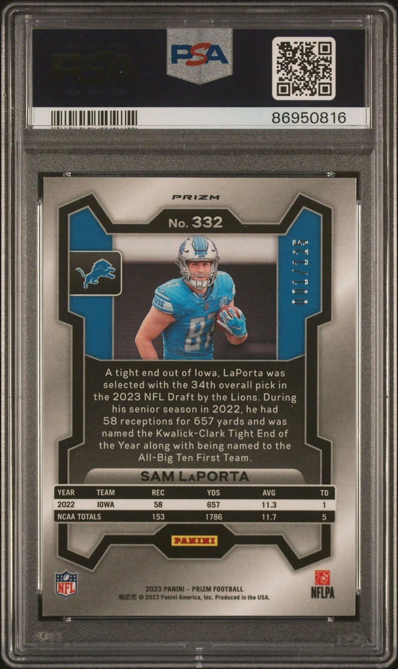 2023 Panini Prizm 332 Sam Laporta Purple Prizm PSA 9