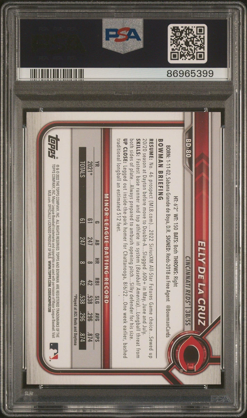 2022 Bowman Draft Bd80 Elly De La Cruz Sky Blue PSA 9
