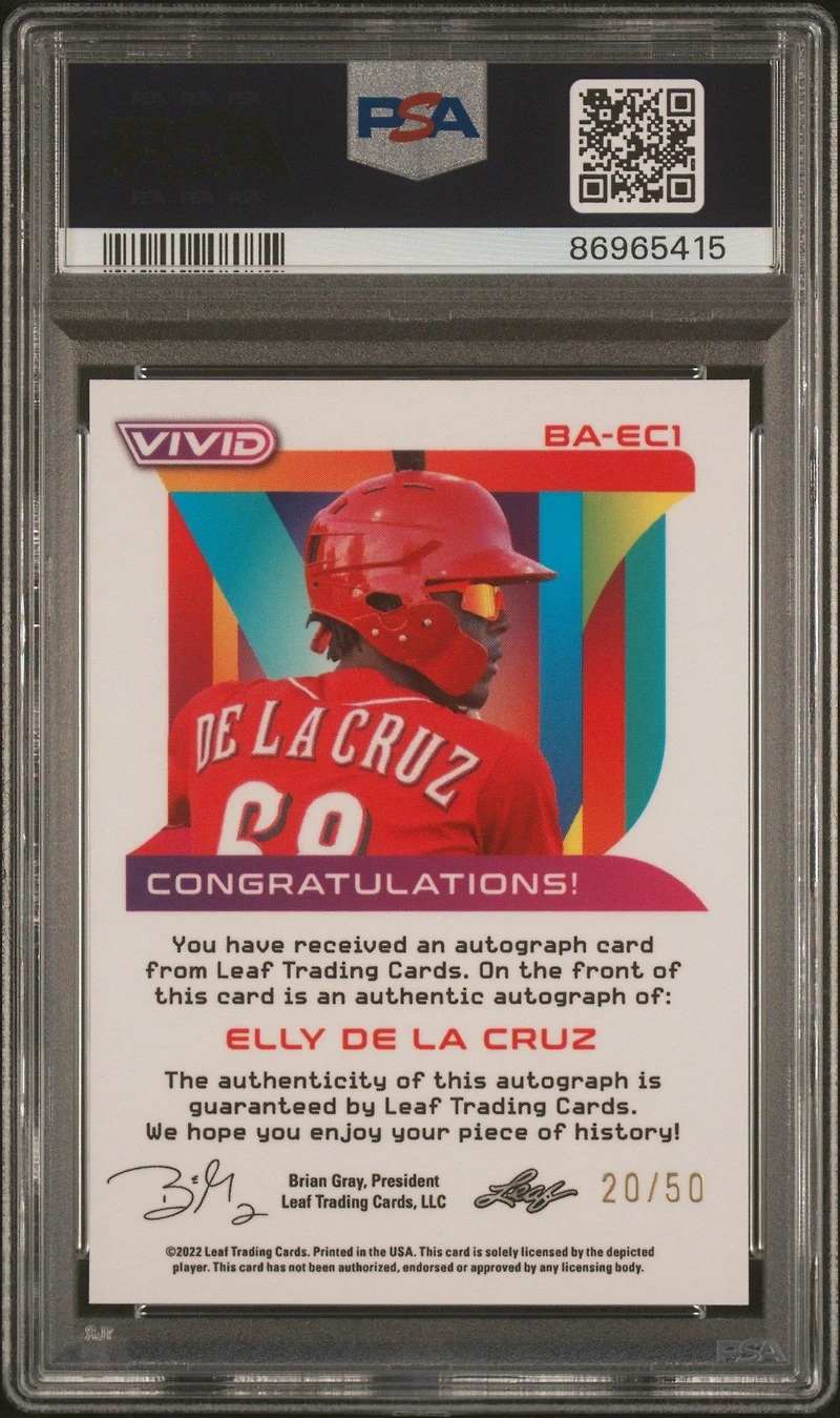 2022 Leaf Vivid Autograph Baec1 Elly De La Cruz Yellow PSA 9
