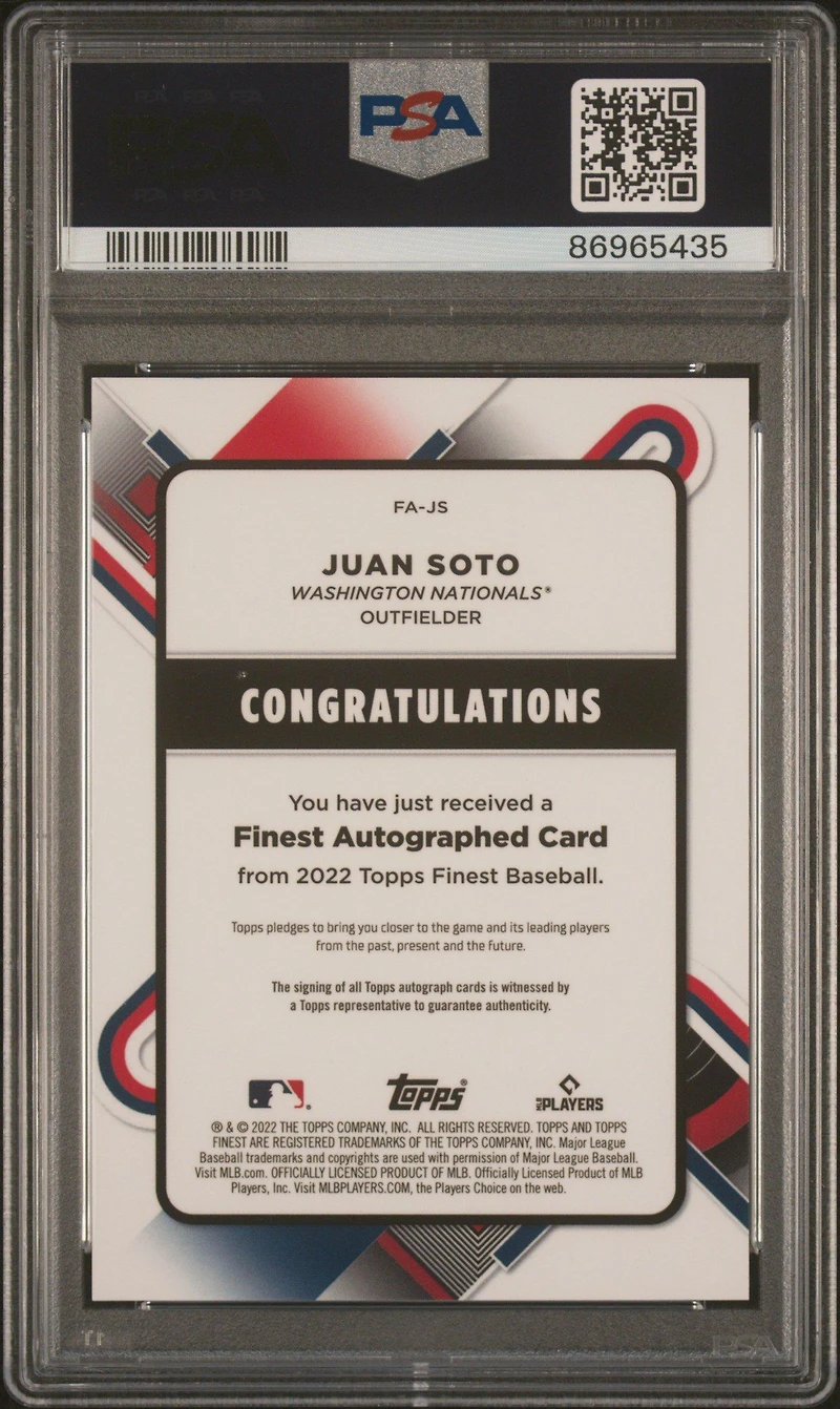 2022 Topps Finest Finest Autographs Js Juan Soto PSA 9