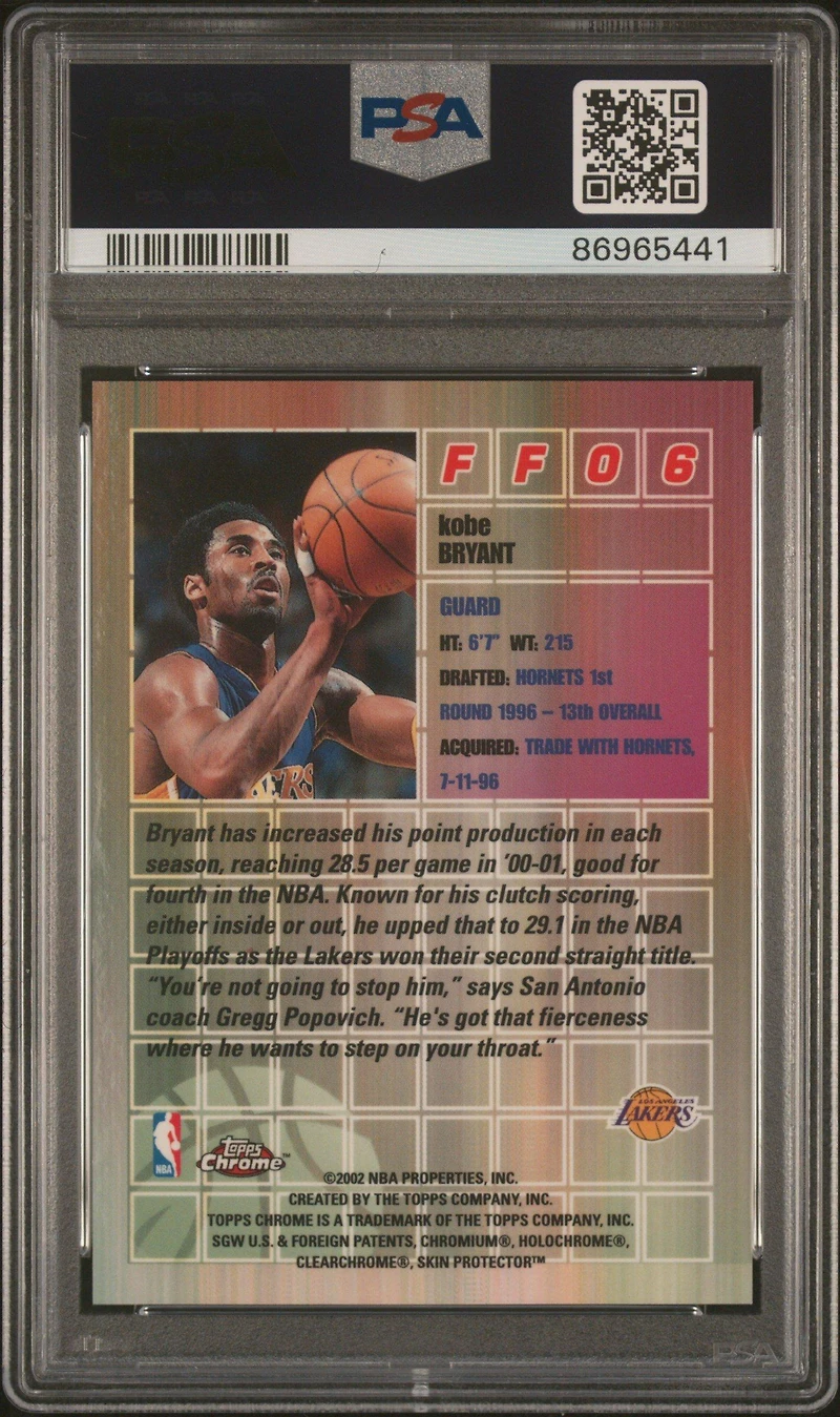 2001 Topps Chrome Fast & Furious Ff06 Kobe Bryant PSA 10
