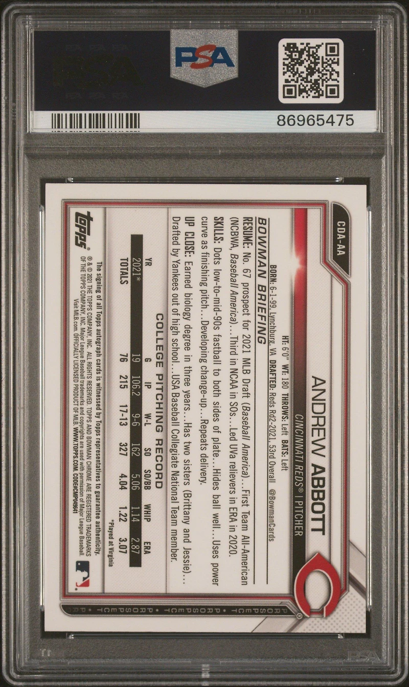 2021 Bowman Draft Chrome Draft Pick Autographs Cdaaa Andrew Abbott Gold Refractor PSA 10