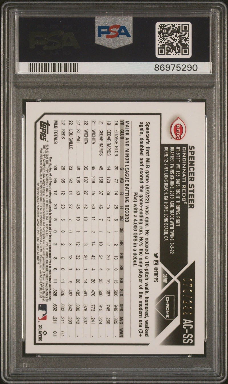 2023 Topps Chrome Update Autograph Acss Spencer Steer Purple Speckle Refractor PSA 10