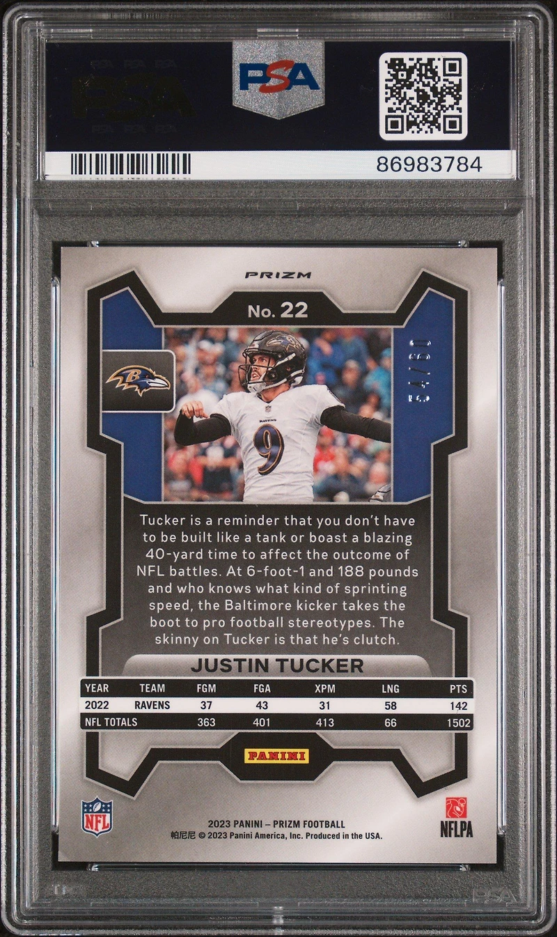 2023 Panini Prizm 22 Justin Tucker Orange Wave PSA 10