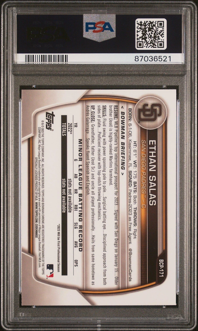 2023 Bowman Mega Box Chrome 171 Ethan Salas PSA 10