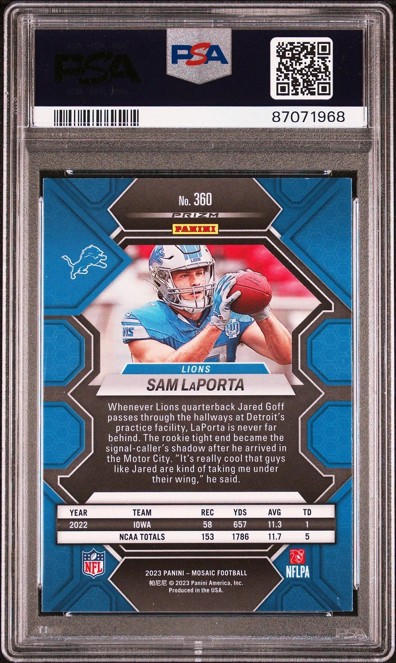 2023 Panini Mosaic 360 Sam Laporta PSA 9