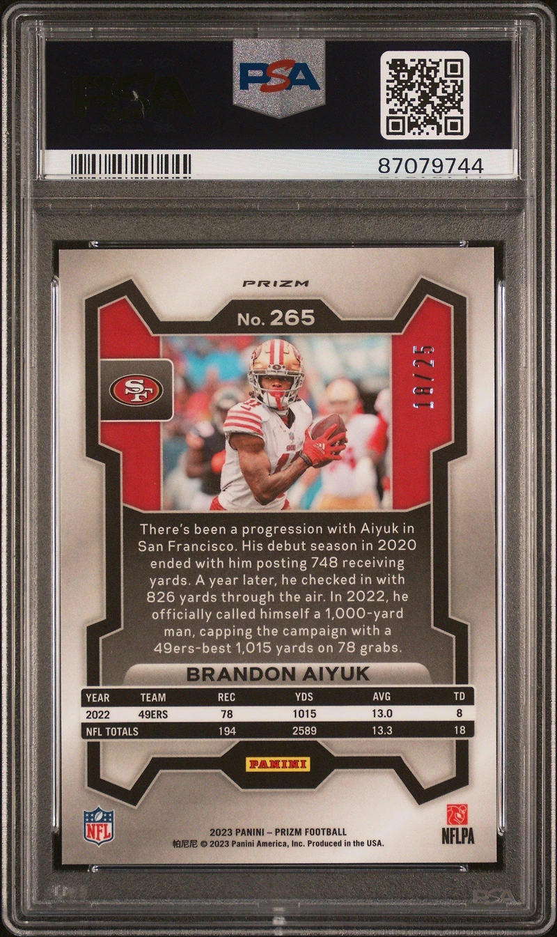 2023 Panini Prizm 265 Brandon Aiyuk Blue Shimmer PSA 9