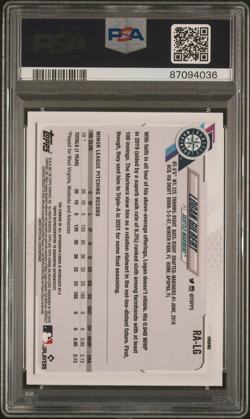 2021 Topps Chrome Update Sapphire Edition Rookie Autographs Lg Logan Gilbert PSA 10