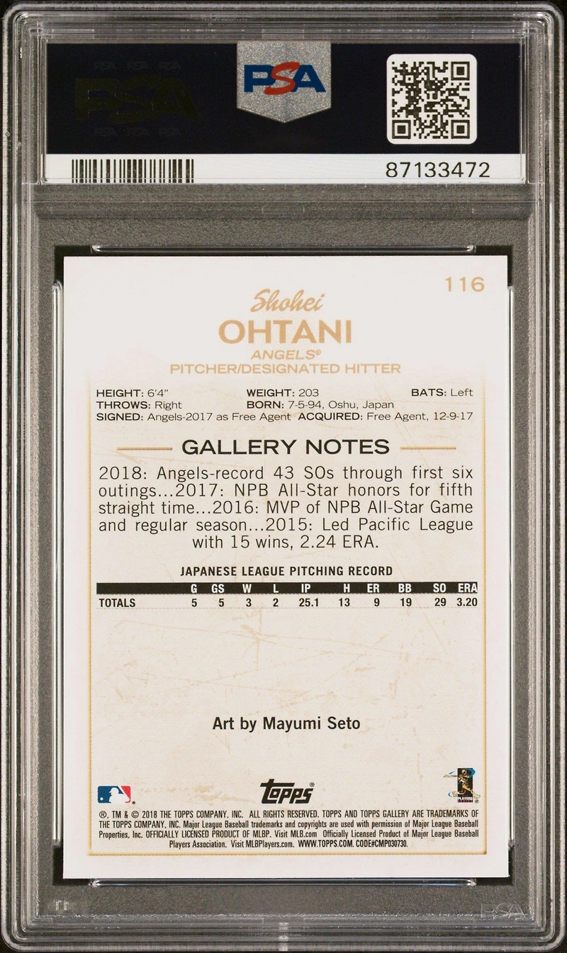 2018 Topps Gallery 116 Shohei Ohtani PSA 10