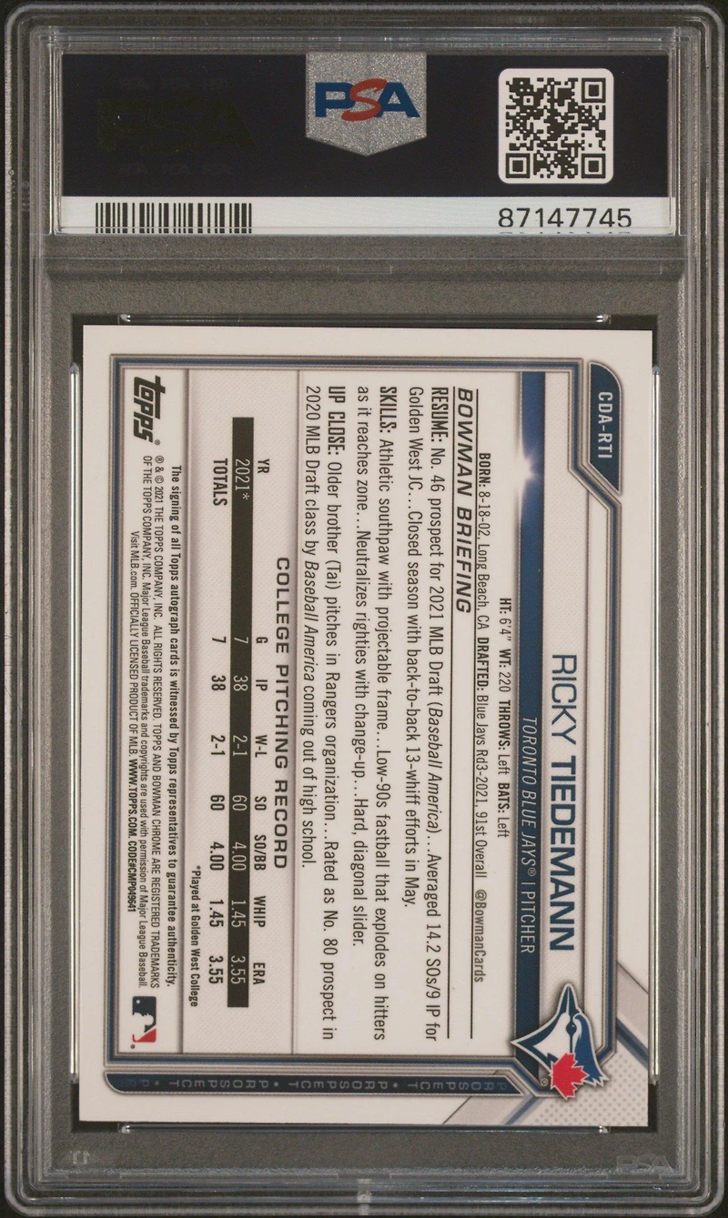 2021 Bowman Draft Chrome Draft Pick Autographs Cdarti Ricky Tiedemann PSA 10