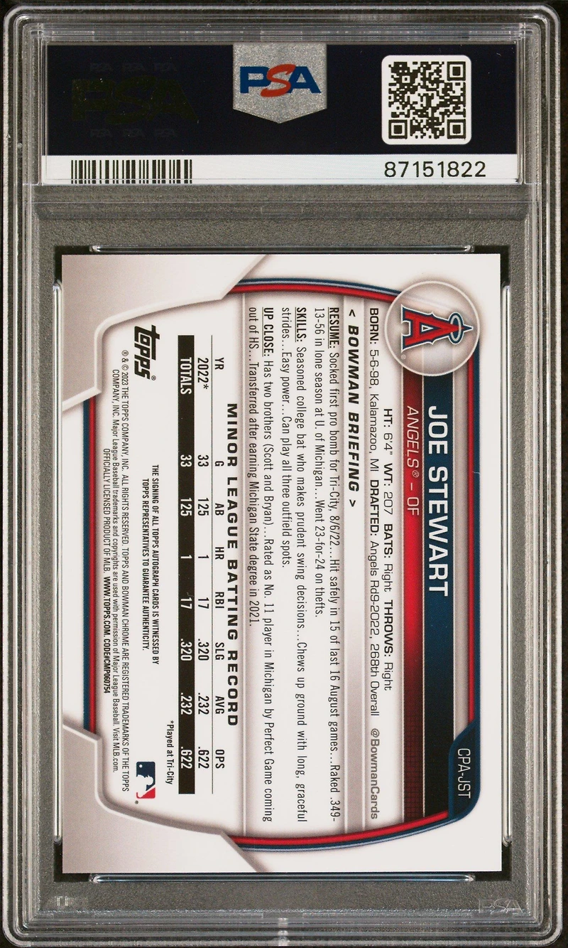 2023 Bowman Chrome Prospect Autographs Cpajst Joe Stewart Gold Shimmer PSA 10