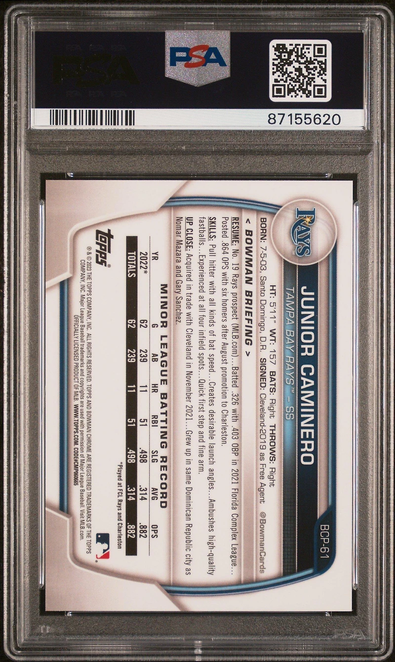 2023 Bowman Chrome Prospects Bcp61 Junior Caminero Lava Refractor PSA 10