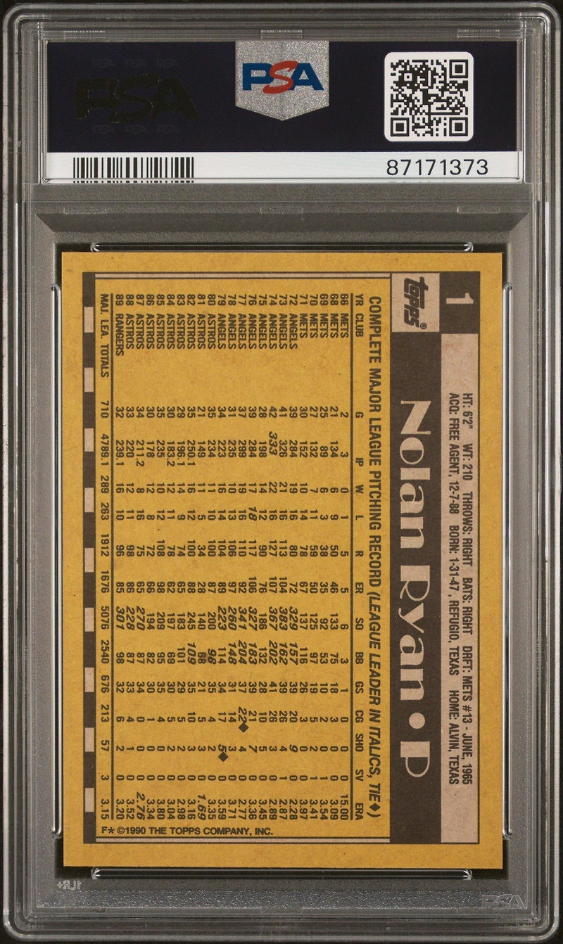 1990 Topps 1 Nolan Ryan PSA 10