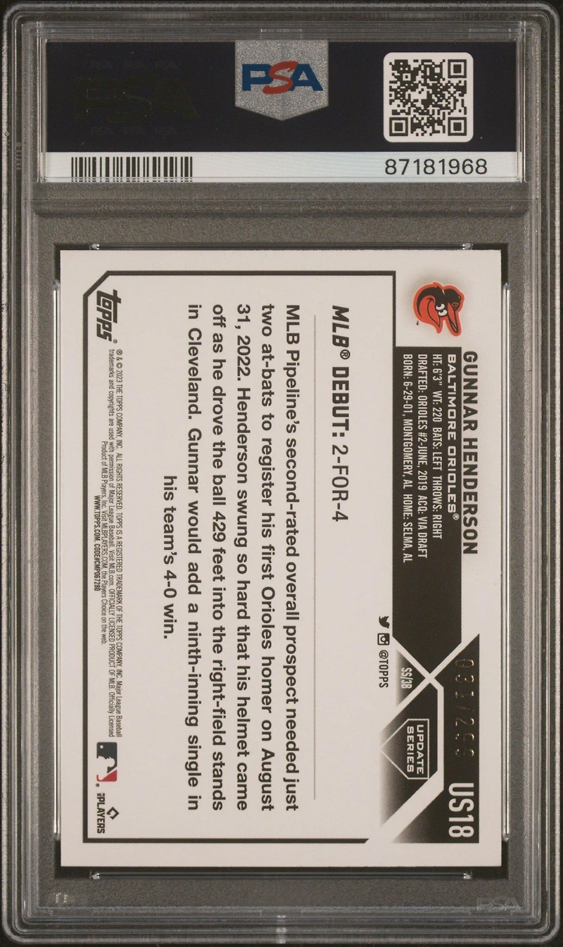 2023 Topps Update Us18 Gunnar Henderson Orange Foil PSA 10