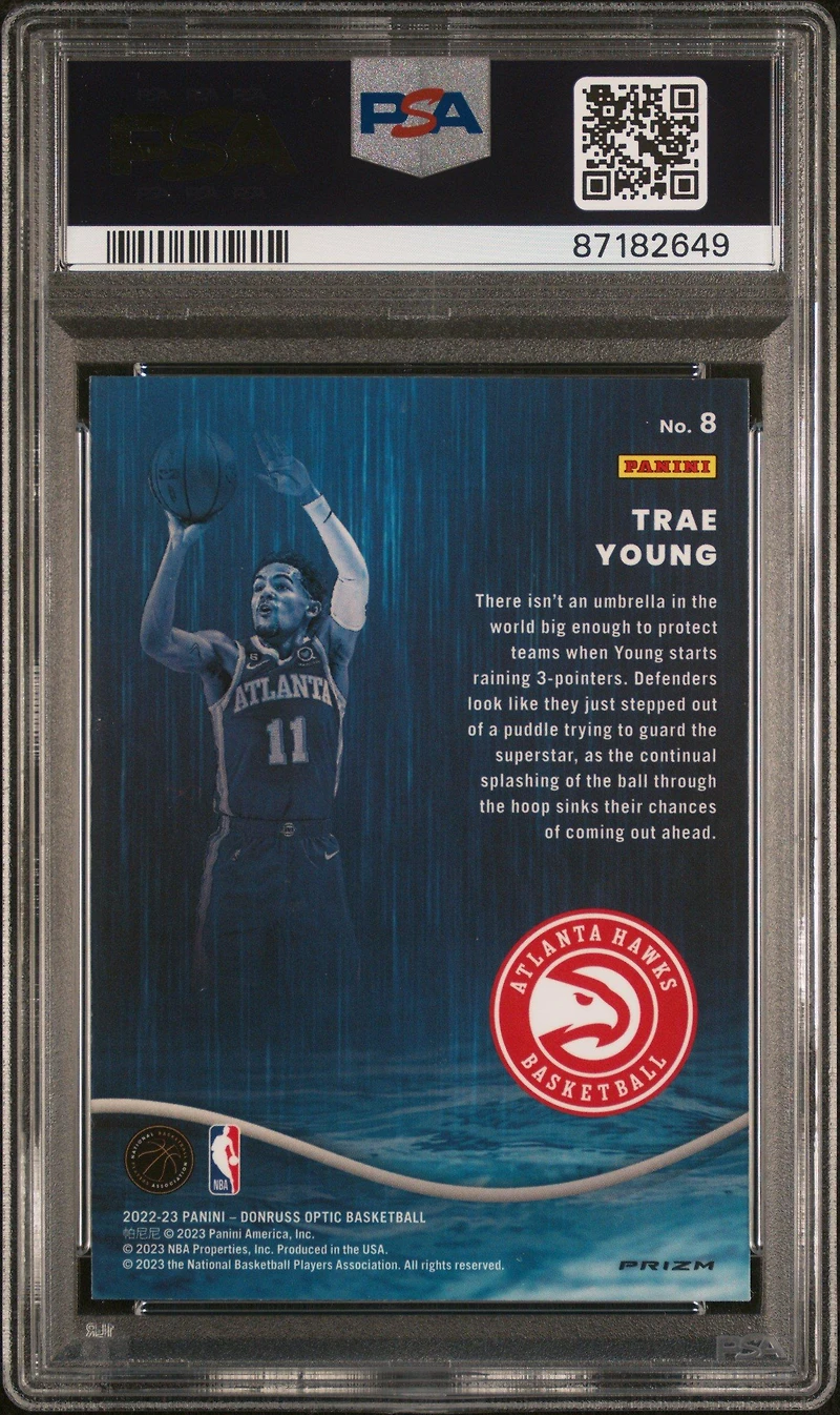 2022 Panini Donruss Optic Raining 3s 8 Trae Young Red Wave PSA 10