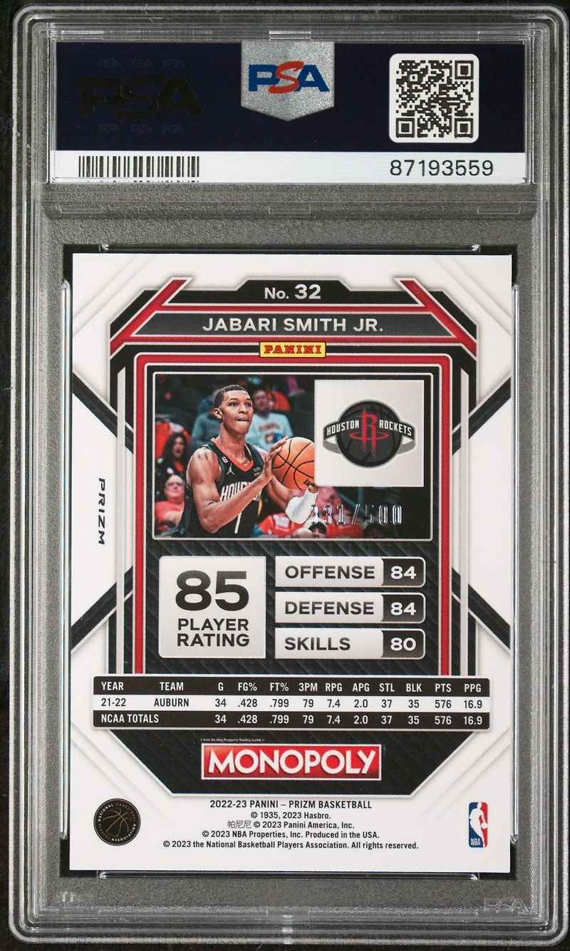 2022 Panini Prizm Monopoly 32 Jabari Smith Jr. Gold Money Shimmer PSA 9