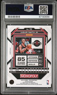 2022 Panini Prizm Monopoly 32 Jabari Smith Jr. Gold Money Shimmer PSA 9