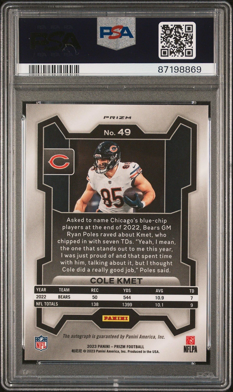 2023 Panini Prizm 49 Cole Kmet Autograph PSA 10