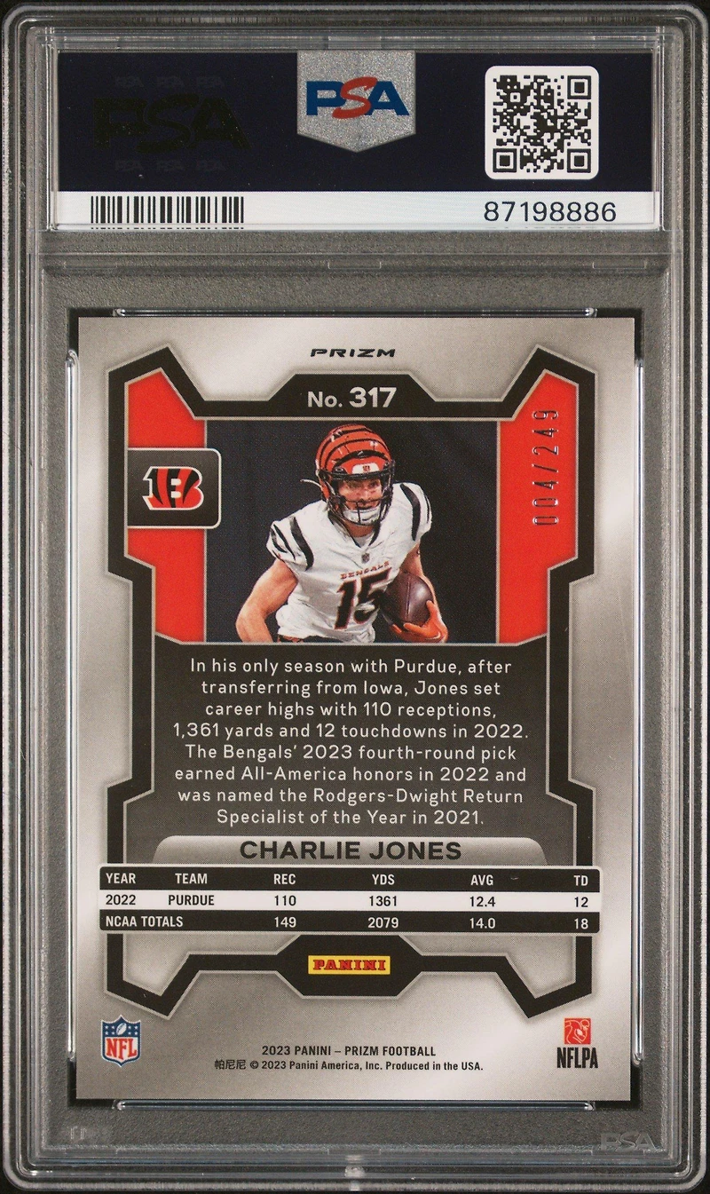 2023 Panini Prizm 317 Charlie Jones Orange Prizm PSA 10