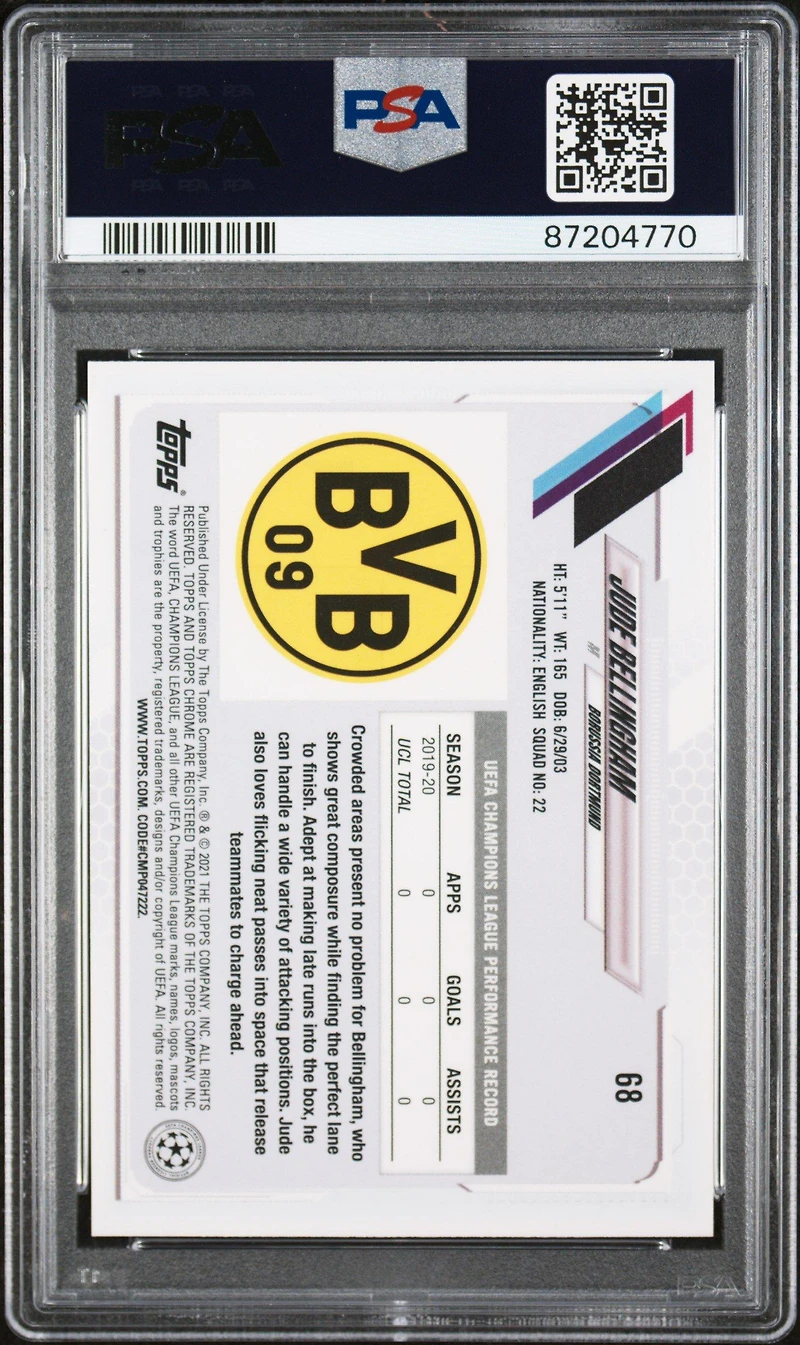 2020 Topps Chrome Uefa Champions League Sapphire Edition 68 Jude Bellingham Sp PSA 10
