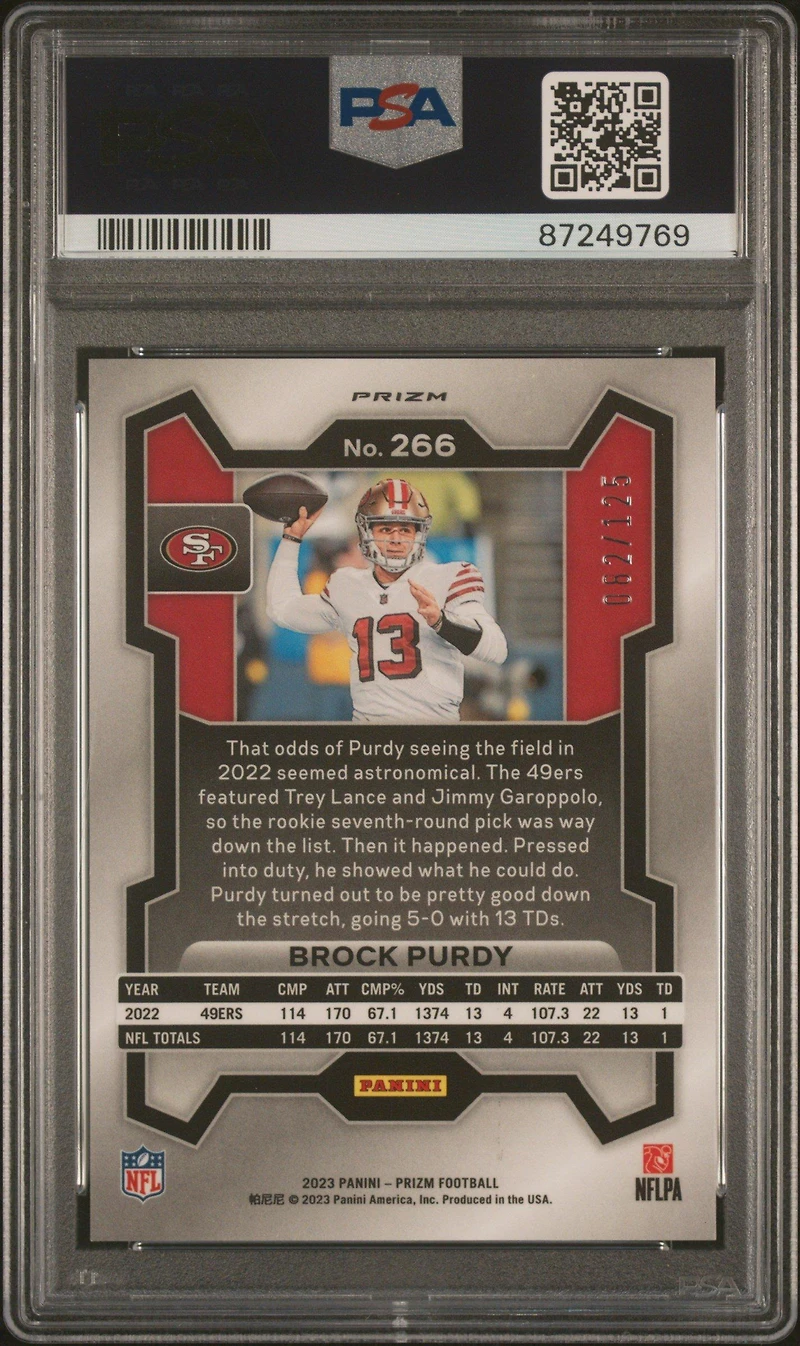2023 Panini Prizm 266 Brock Purdy Purple Prizm PSA 10