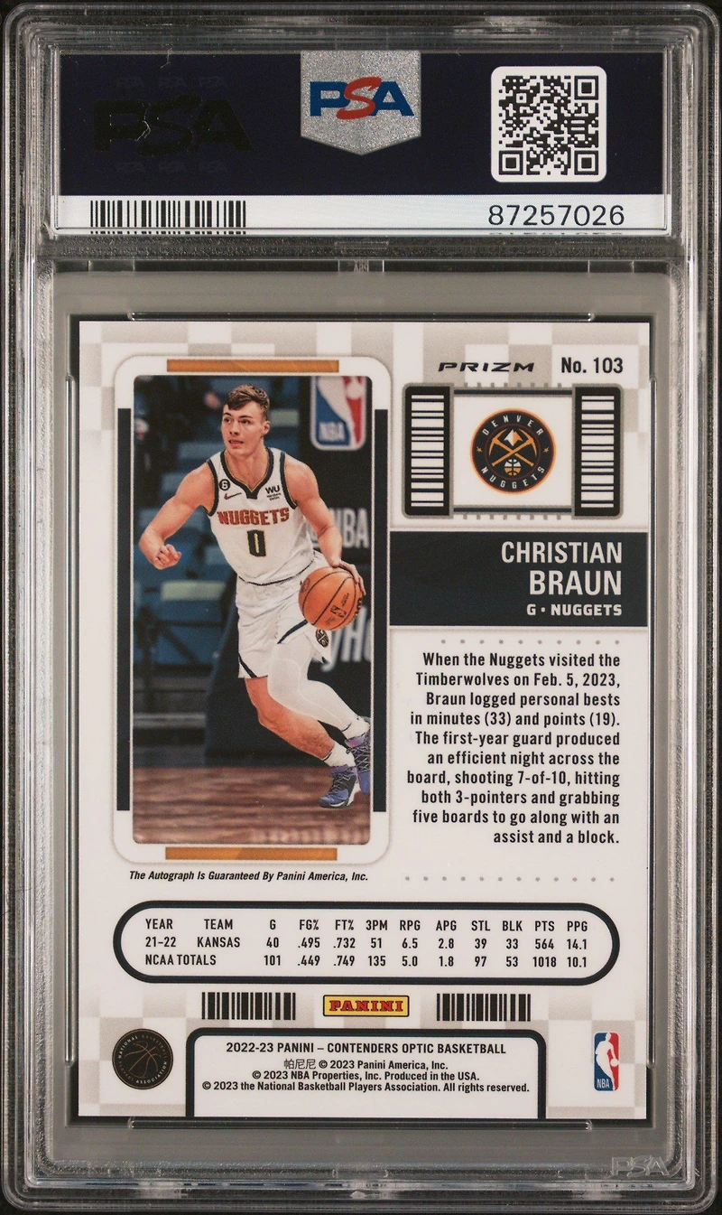 2022 Panini Contenders Optic 103 Christian Braun PSA 10