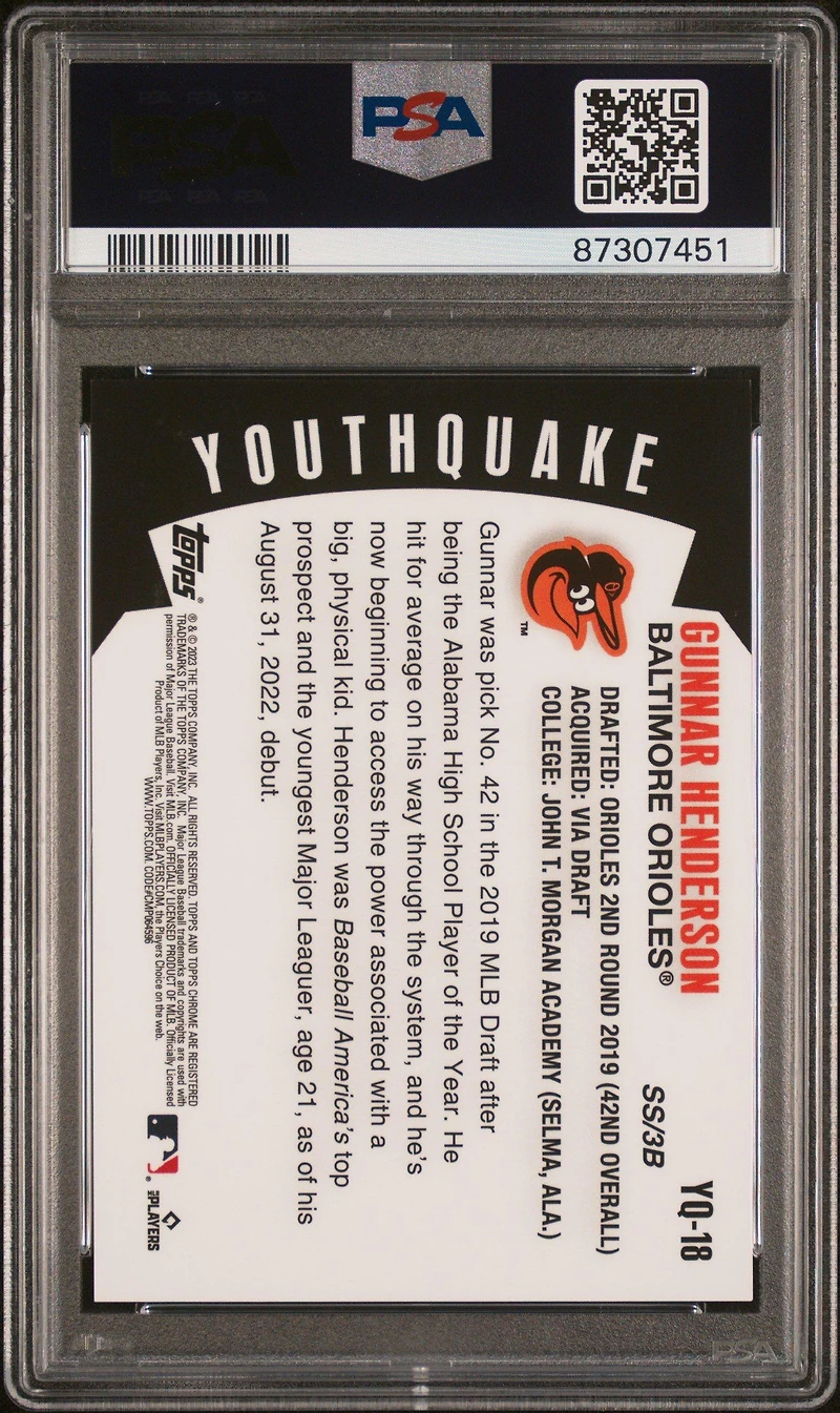 2023 Topps Chrome Youthquake Yq18 Gunnar Henderson Green Refractor PSA 10