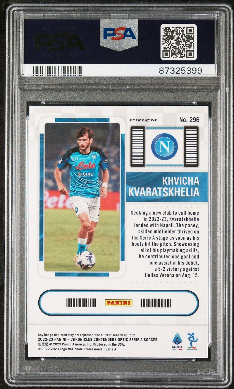 2022-23 Panini Chronicles 296 Khvicha Kvaratskhelia Serie A-purple Mojo PSA 10
