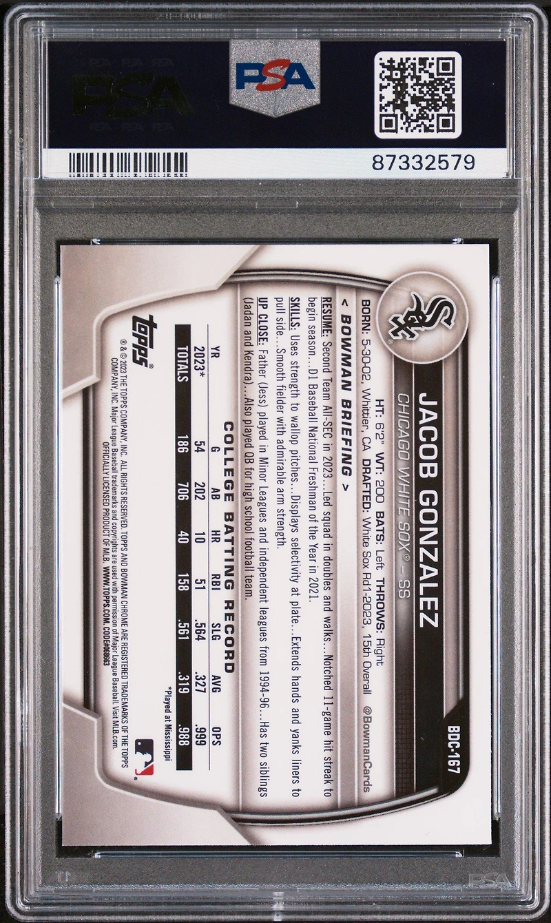2023 Bowman Draft Bdc167 Jacob Gonzalez Chrome-purple PSA 10