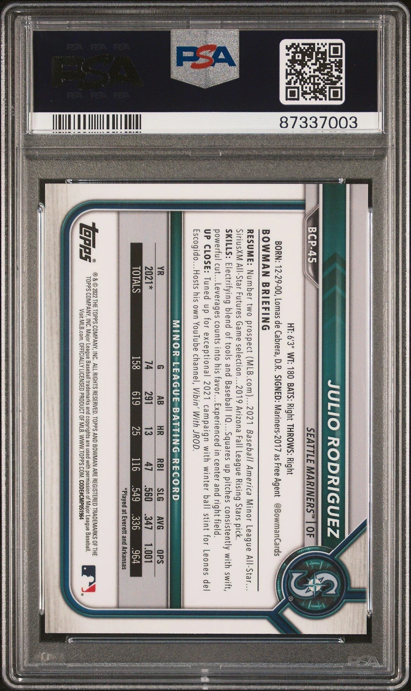 2022 Bowman Sapphire Edition Chrome Prospects Bcp45 Julio Rodriguez Aqua PSA 10