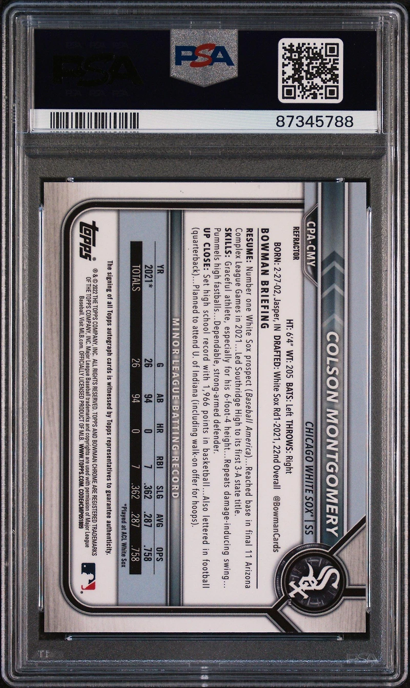 2022 Bowman Chrome Prospect Autographs Cpacmy Colson Montgomery Refractor PSA 9