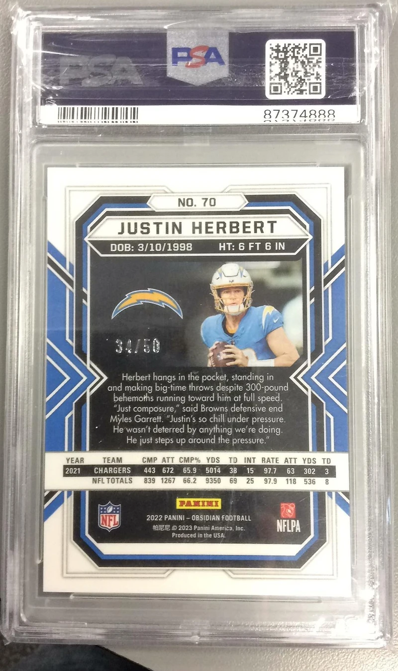 2022 Panini Obsidian 70 Justin Herbert Electric Etch Green PSA 9