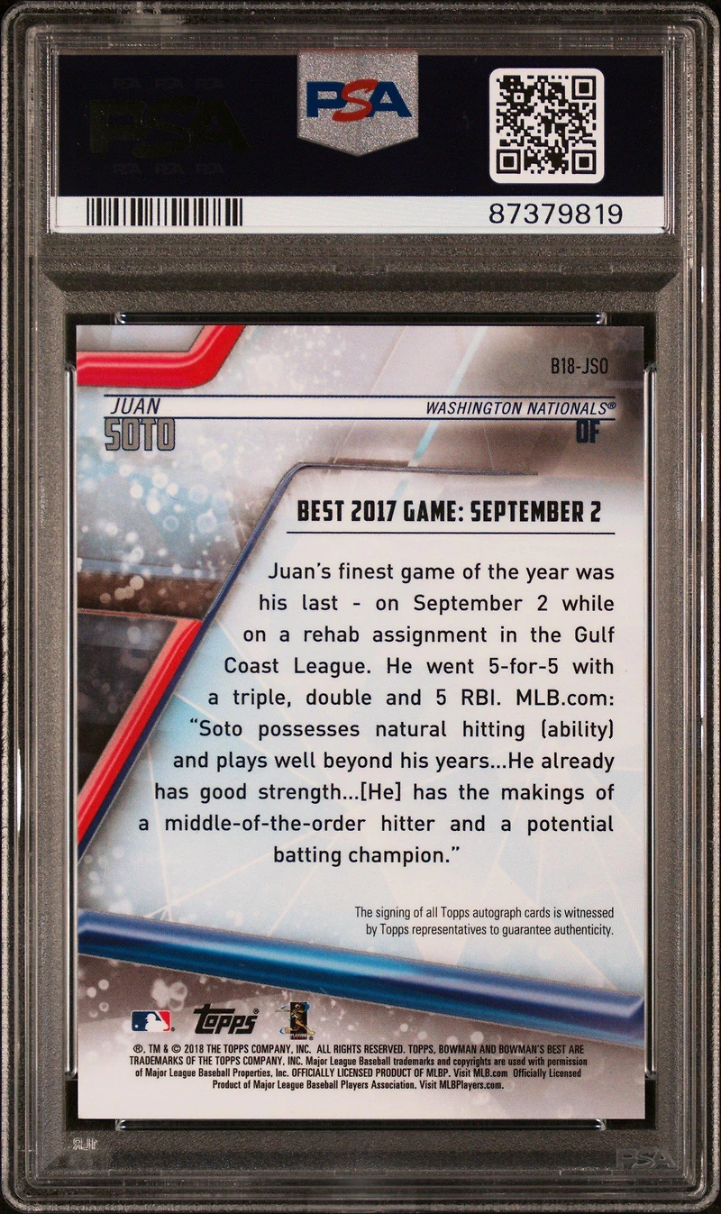 2018 Bowman's Best Best Of 2018 Autographs B18jso Juan Soto PSA 10