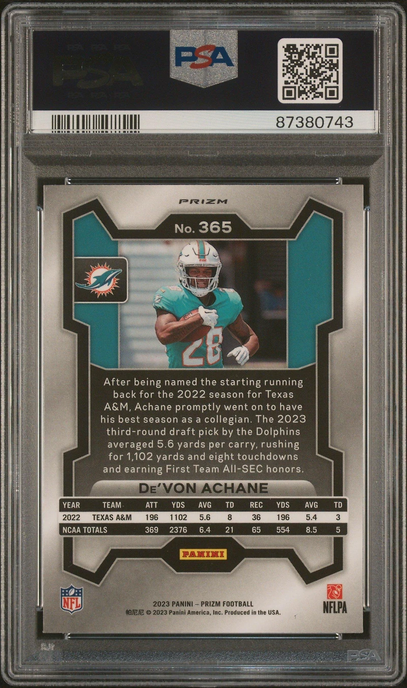 2023 Panini Prizm 365 De'von Achane Black & White Checker PSA 10