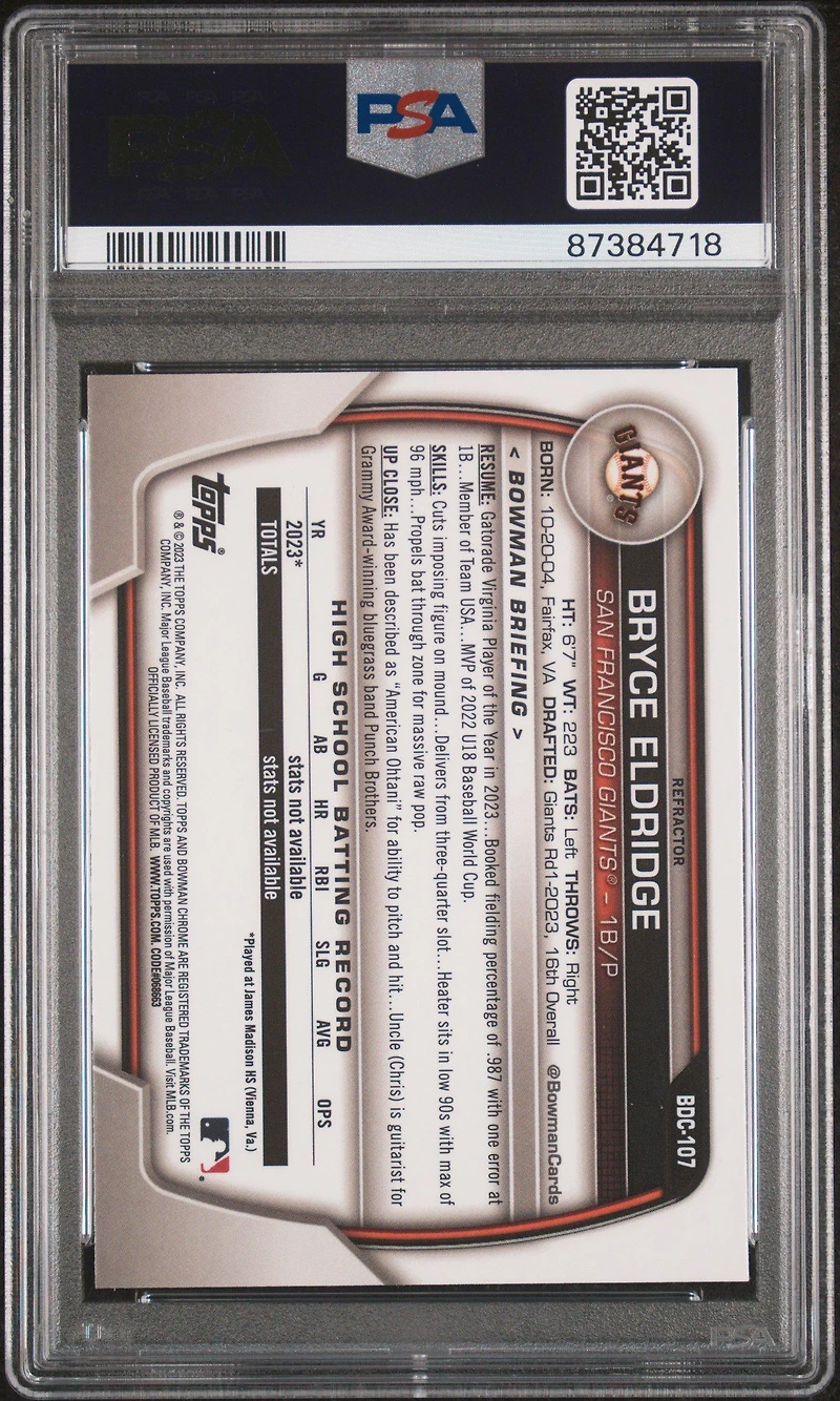 2023 Bowman Draft Bdc107 Bryce Eldridge PSA 10