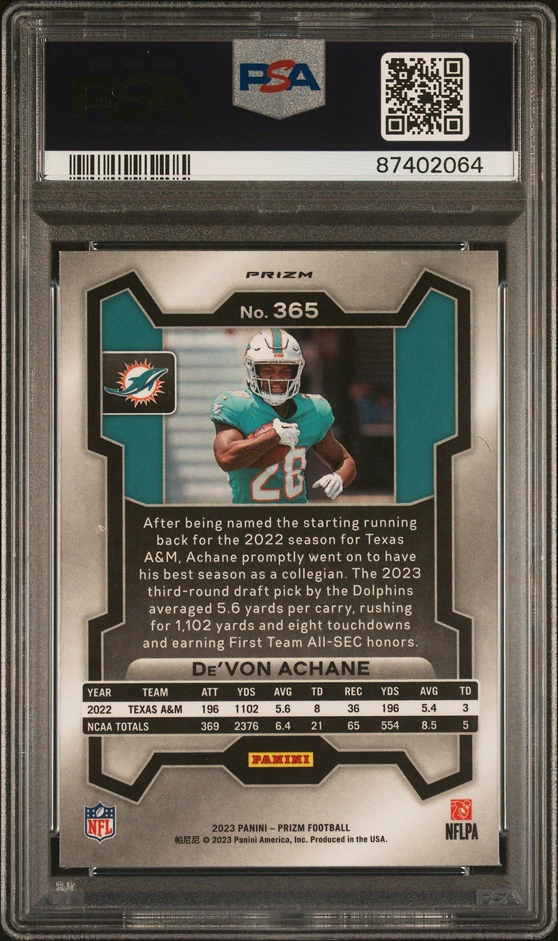2023 Panini Prizm 365 De'von Achane Green Ice PSA 9