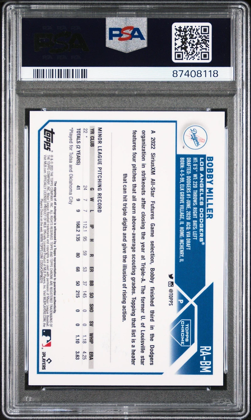 2023 Topps Chrome Update Autograph Rabm Bobby Miller Purple Speckle Refractor PSA 10