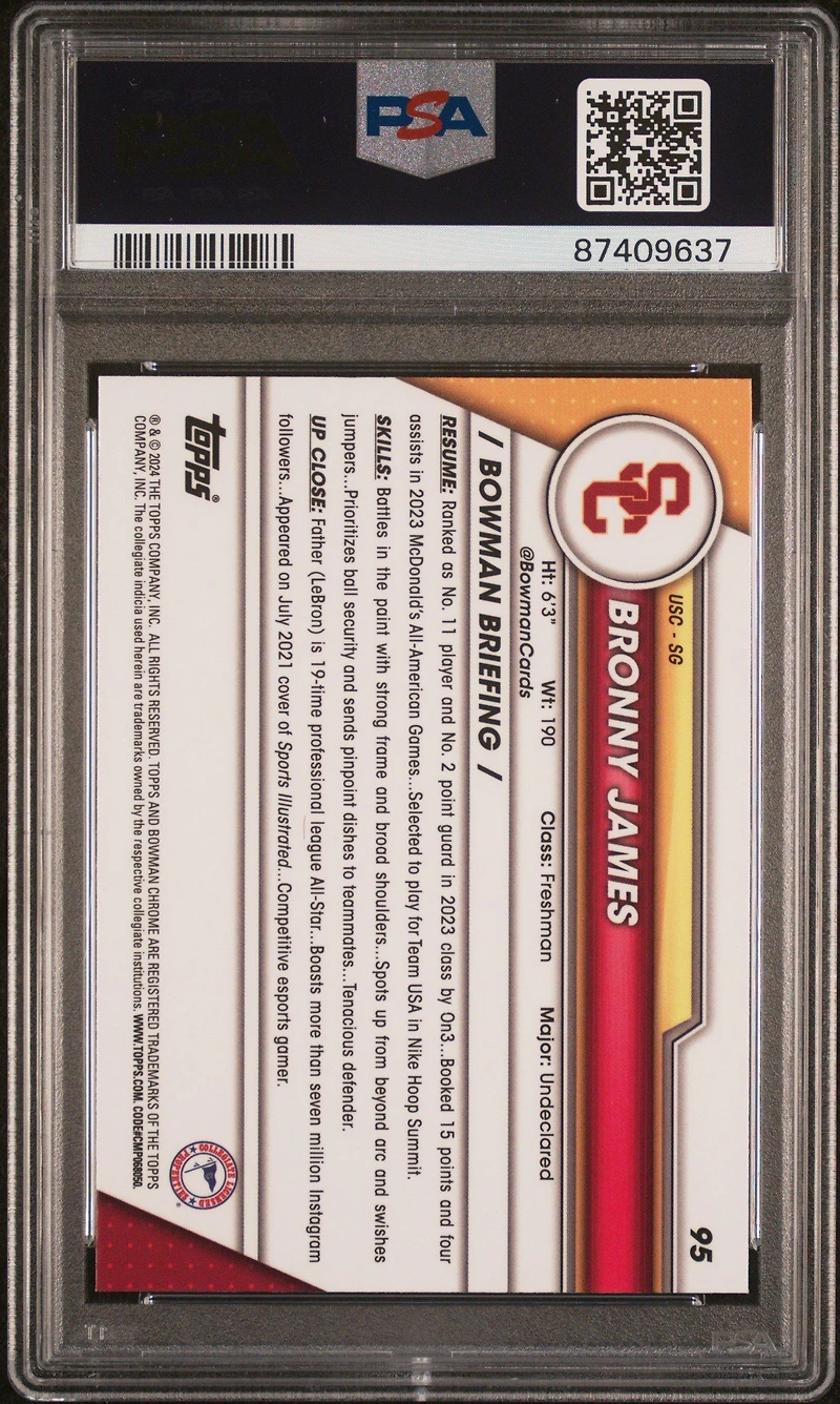 2023 Bowman University Chrome 95 Bronny James PSA 10