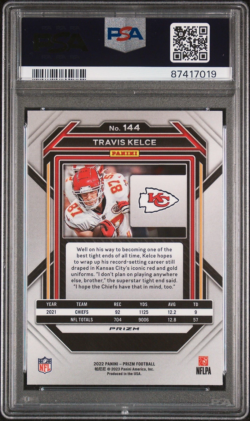 2022 Panini Prizm 144 Travis Kelce White Sparkle PSA 10