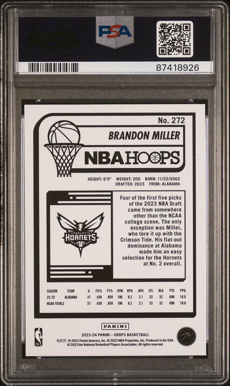 2023 Panini Nba Hoops 272 Brandon Miller Teal Explosion PSA 10