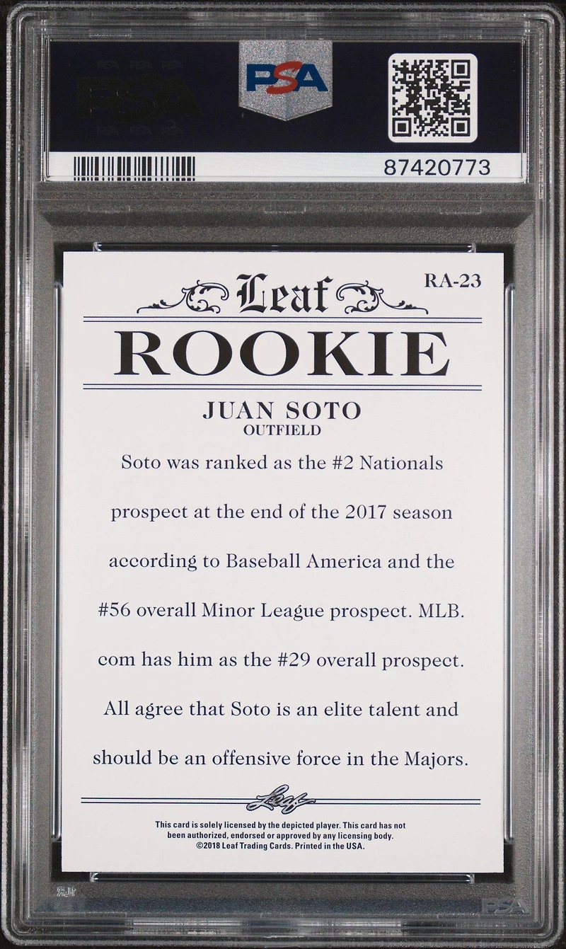 2018 Leaf Special Release Rookie Achievement Ra23 Juan Soto PSA 10
