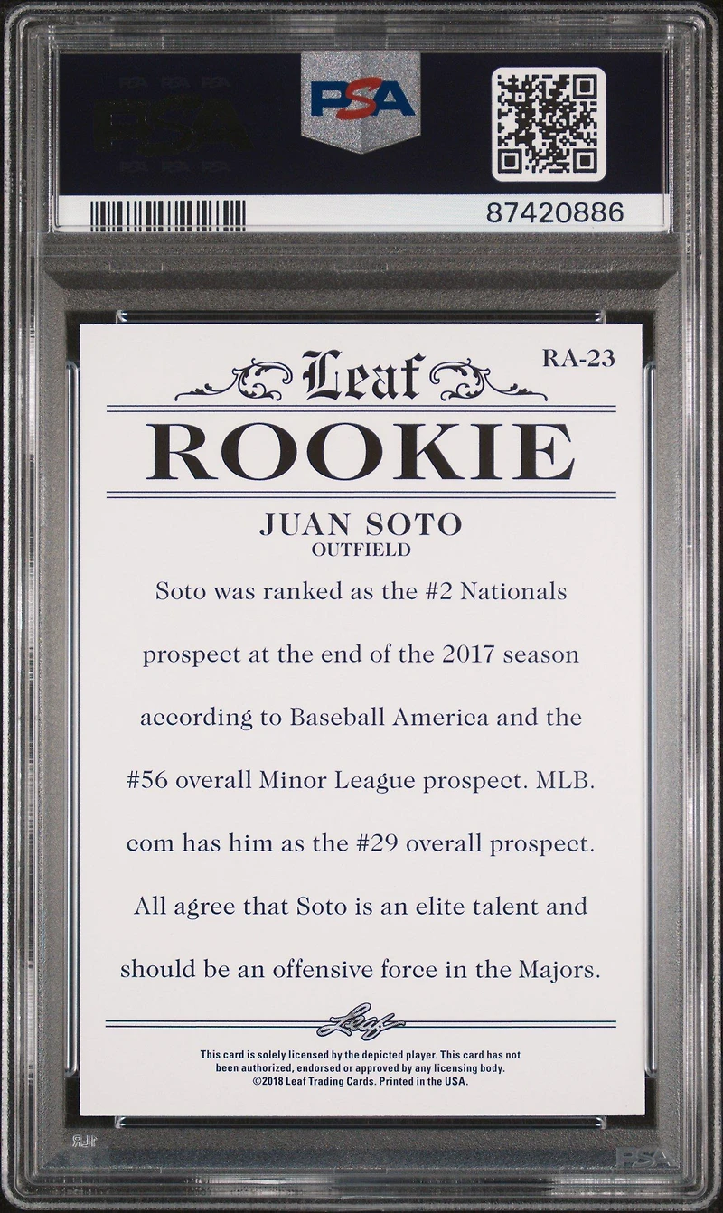 2018 Leaf Special Release Rookie Achievement Ra23 Juan Soto PSA 10