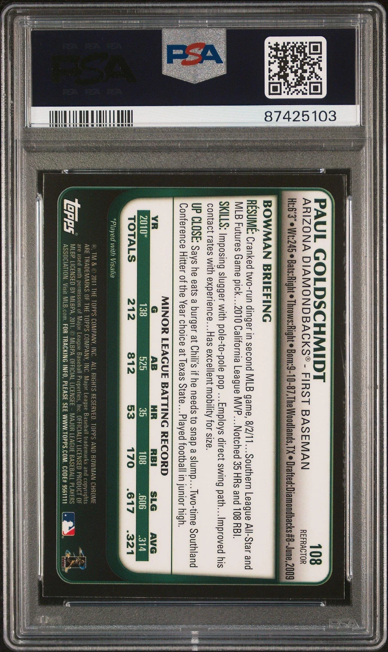 2011 Bowman Chrome Draft 108 Paul Goldschmidt Refractor PSA 8
